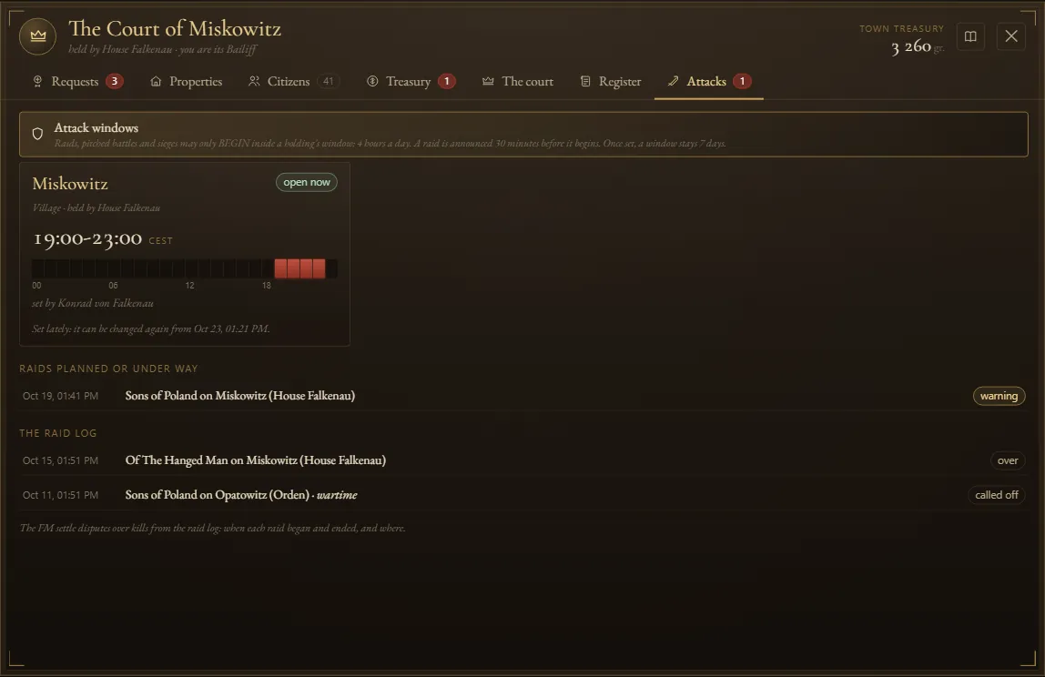The town court's Attacks tab